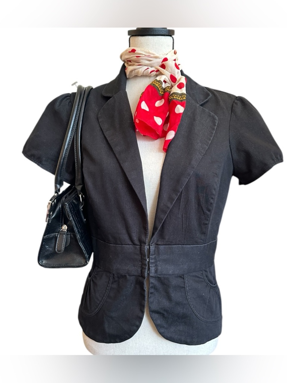 Stooshy Fitted Cropped Stretch Blazer Jacket Black Short Sleeve | Small - Picture 2 of 8
